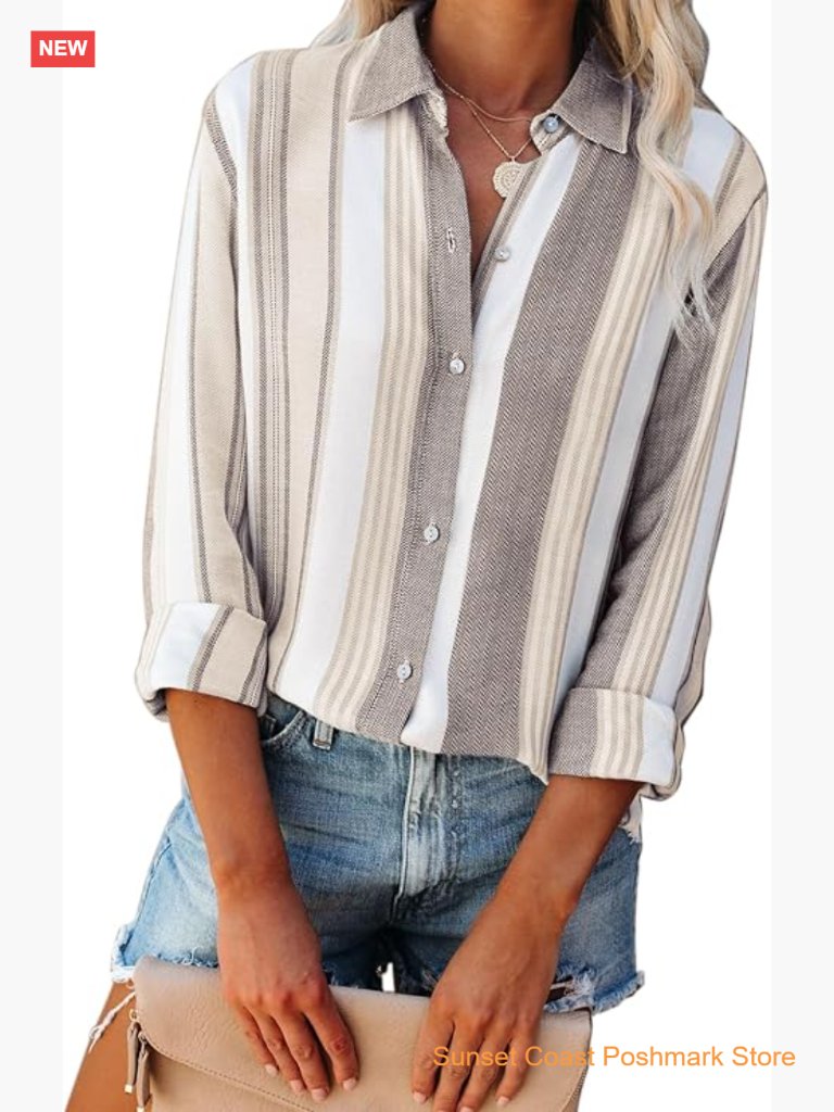 Womens Linen Button Down Shirt Long Sleeve Collared Striped Blouse Casual Work